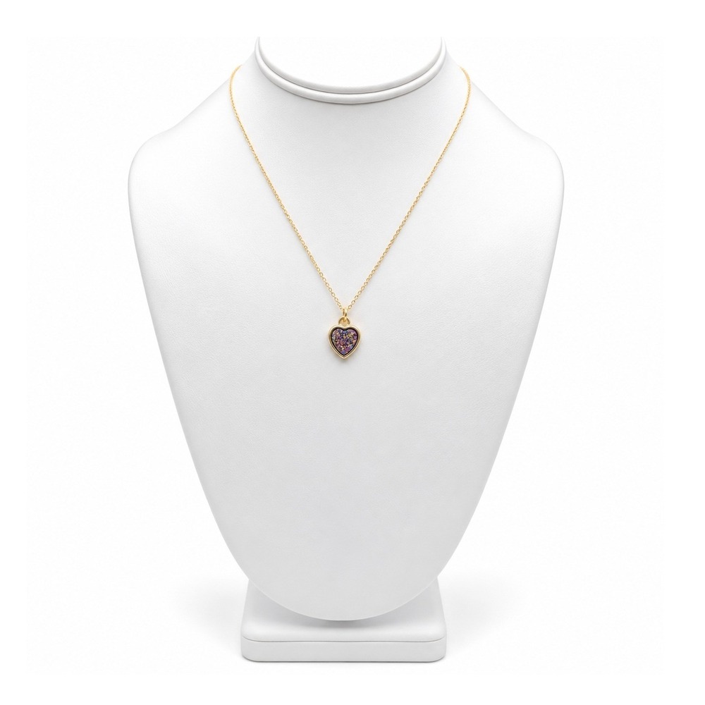 Gold Tone Heart Pendant Necklace Multi Color Faux Druzy Iridescent 16-18"